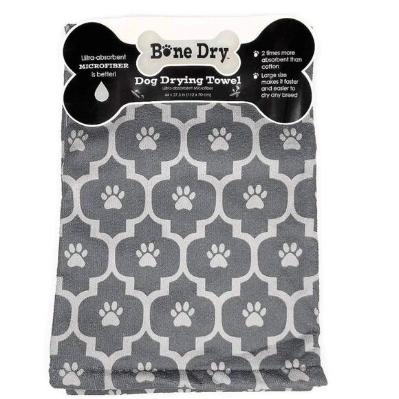 Excello Bone Dry Microfiber Dog Drying Towel - Grey Moroccan Print Pawprints - Picture 1 of 2